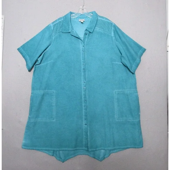 Logo by Lori Goldstein Tunic Top Plus 2XP Petite Green Distressed Canvas Pockets - Picture 1 of 11